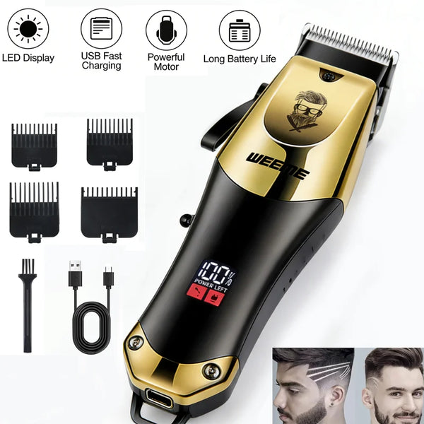 Machine à couper les cheveux sans fil vintage or et noir avec accessoire de barbe.