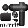 A black deep tissue massage gun with a battery, various massage heads, and charging cable.