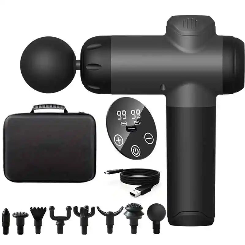 A black deep tissue massage gun with a battery, various massage heads, and charging cable.