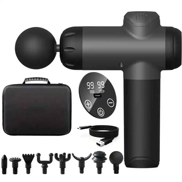 A black deep tissue massage gun with various attachments shown next to the main unit.