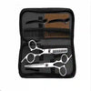 A black case containing a set of professional barber scissors and thinning shears.