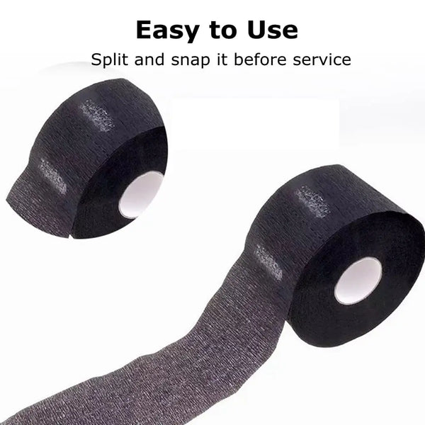 Roll of disposable black neck paper for salon procedures, shown split and snapped.