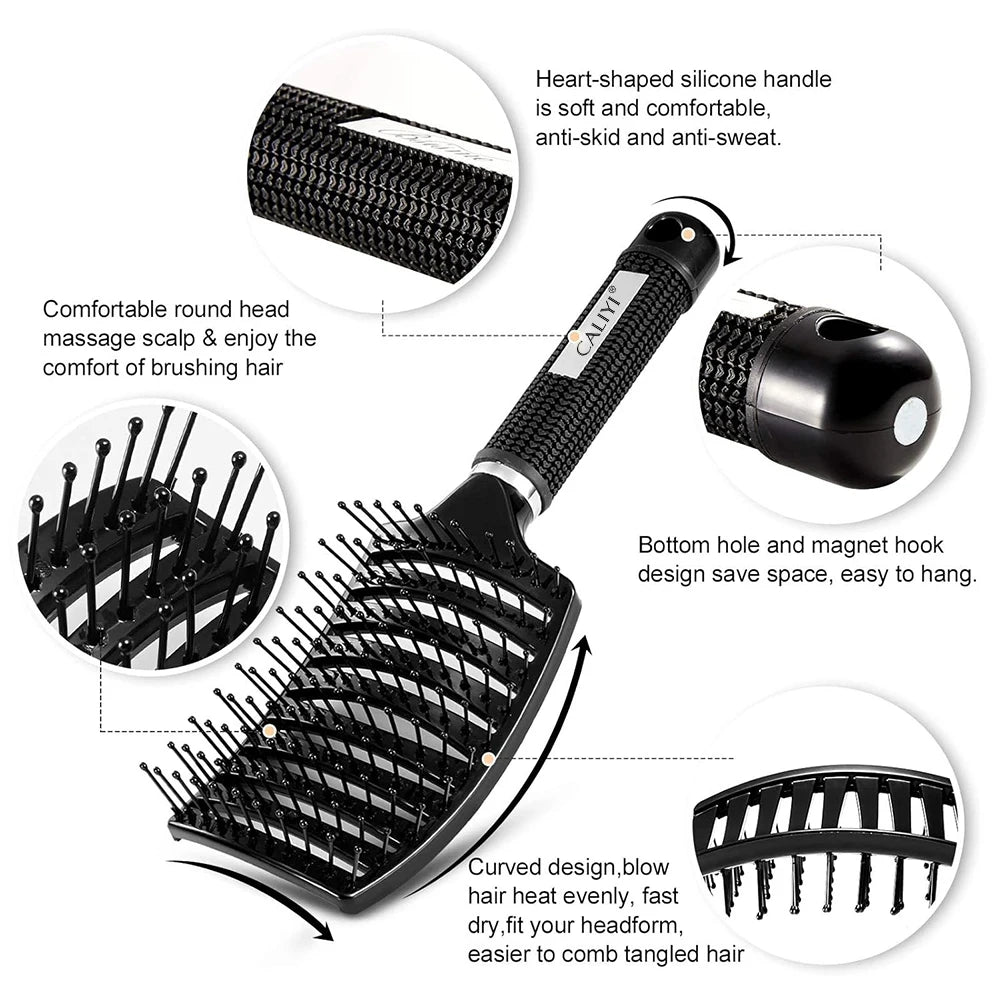 Black curved vented hair brush with silicone handle, round head massage features, and a bottom hole for storage.