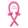 A pink satin heatless curling set with a bow detail, shaped like an 'X'.