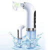 A white micro bubble pore vacuum cleanser device is shown with a cleaning head and surrounding water droplets.