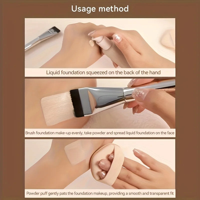 Demonstration of using a liquid foundation squeezed on the back of the hand and applying it with a brush for makeup applicati