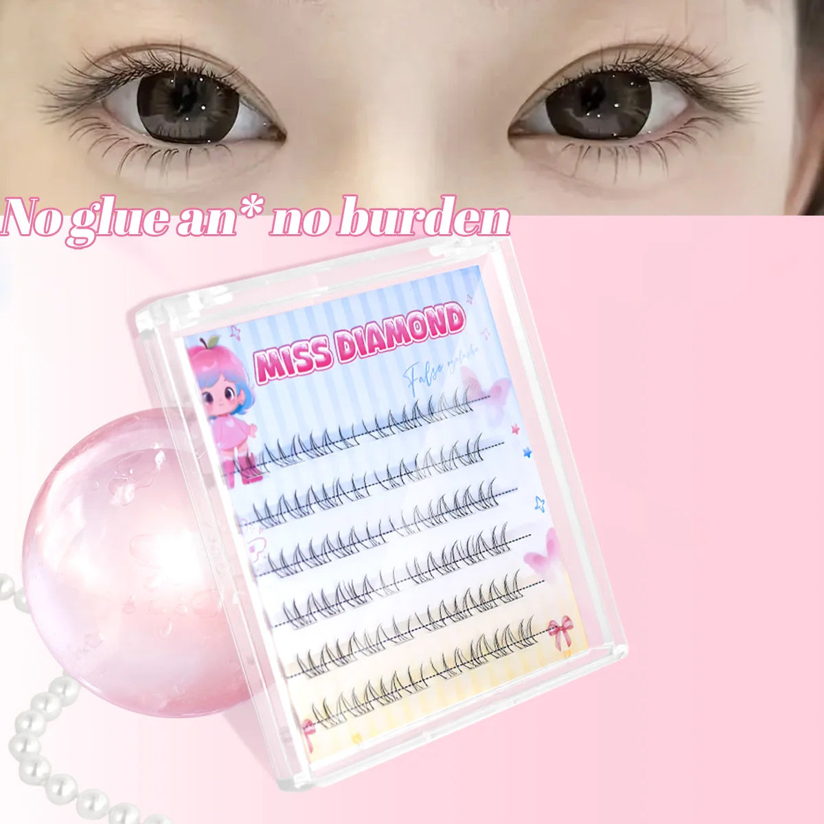 A clear plastic container of miss diamond self-adhesive bottom lashes with natural individual clusters for DIY eye enhancemen