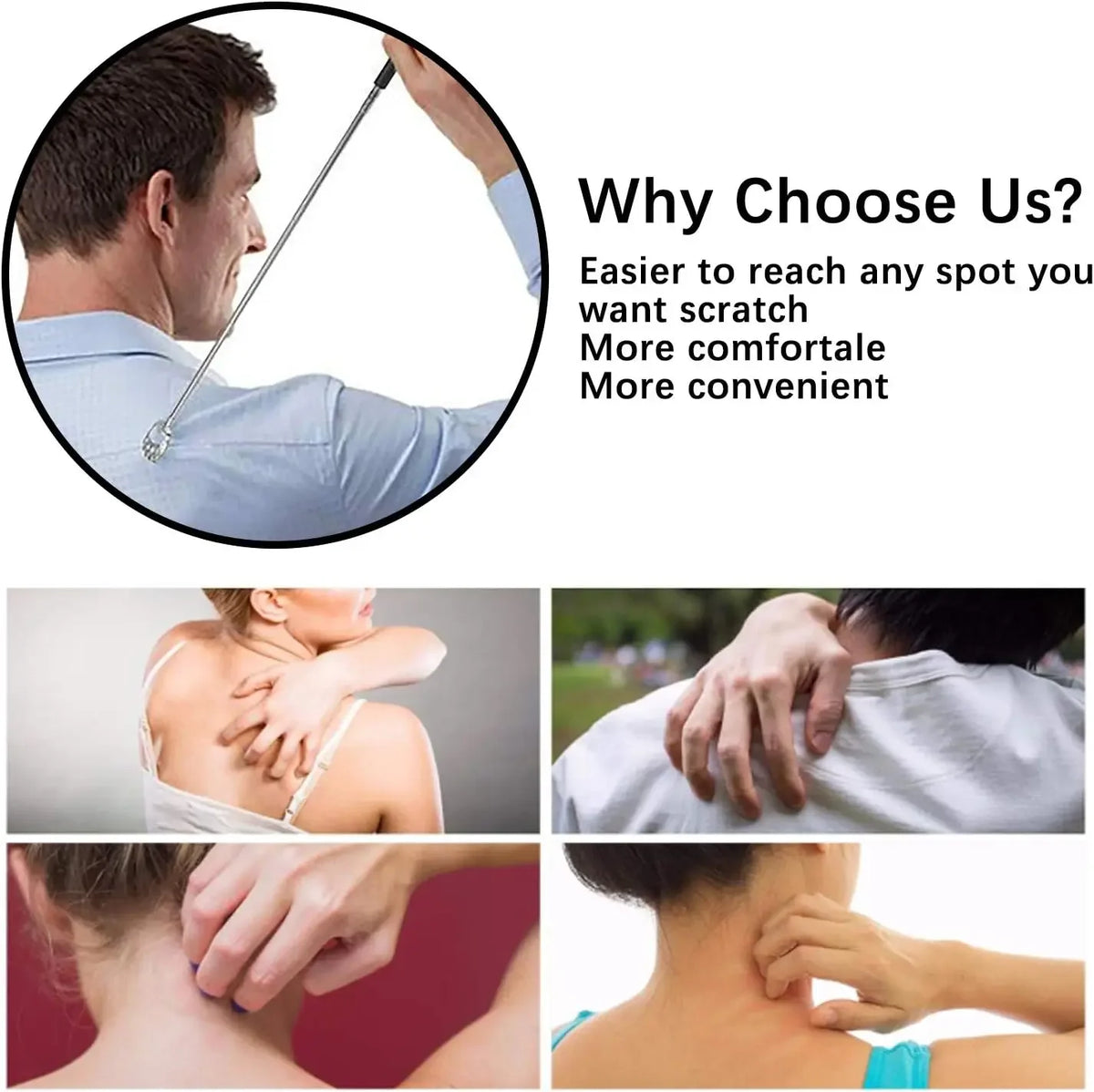 An extendable bear claw back scratcher and massager is shown being used on a person's back.