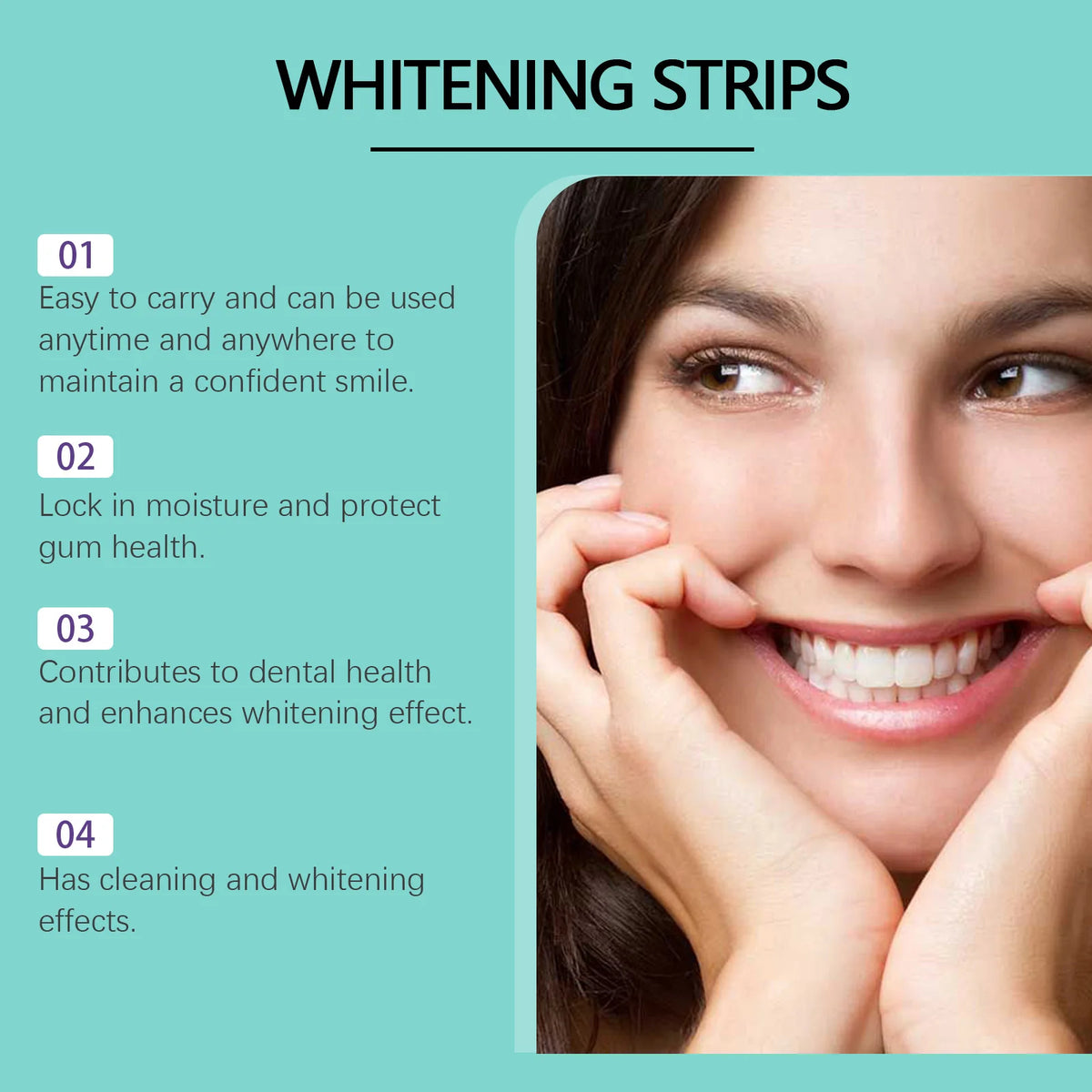 Close-up of a woman smiling, showing natural tooth whitening strips being used on her teeth.