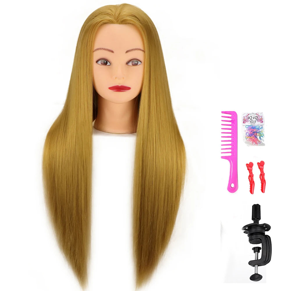 A professional cosmetology mannequin head with long, straight blonde hair displayed against a white background.