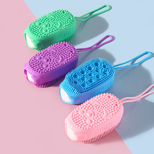 A collection of five soft silicone body brushes in various colors including green purple blue and pink