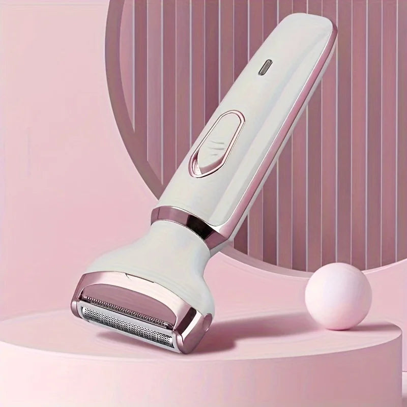 A white electric body hair removal shaver is shown on a pink surface.