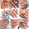 A collection of press-on false nails featuring a French wavy design in various shades of pink, nude, and light blue.