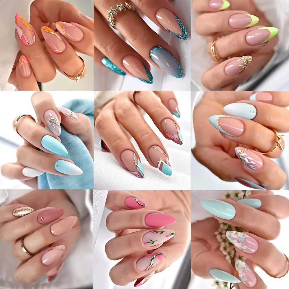 A collection of press-on false nails featuring a French wavy design in various shades of pink, nude, and light blue.