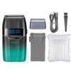 A professional electric beard trimmer shaver with a green and black body, accessories, and replacement blades.