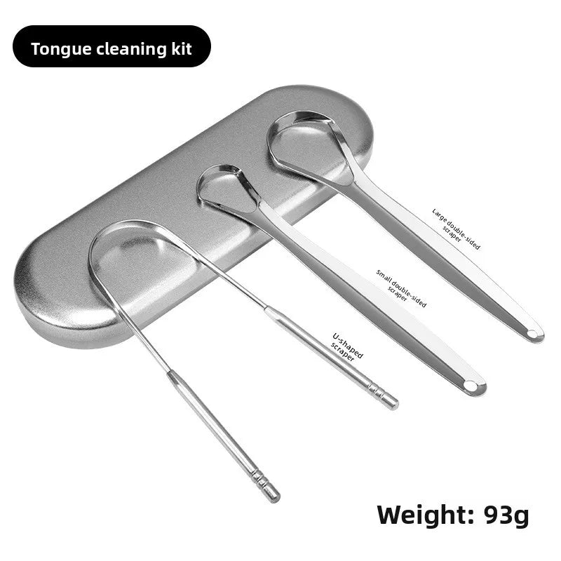 A stainless steel tongue cleaning kit featuring a large and small double-sided U-shaped scraper.