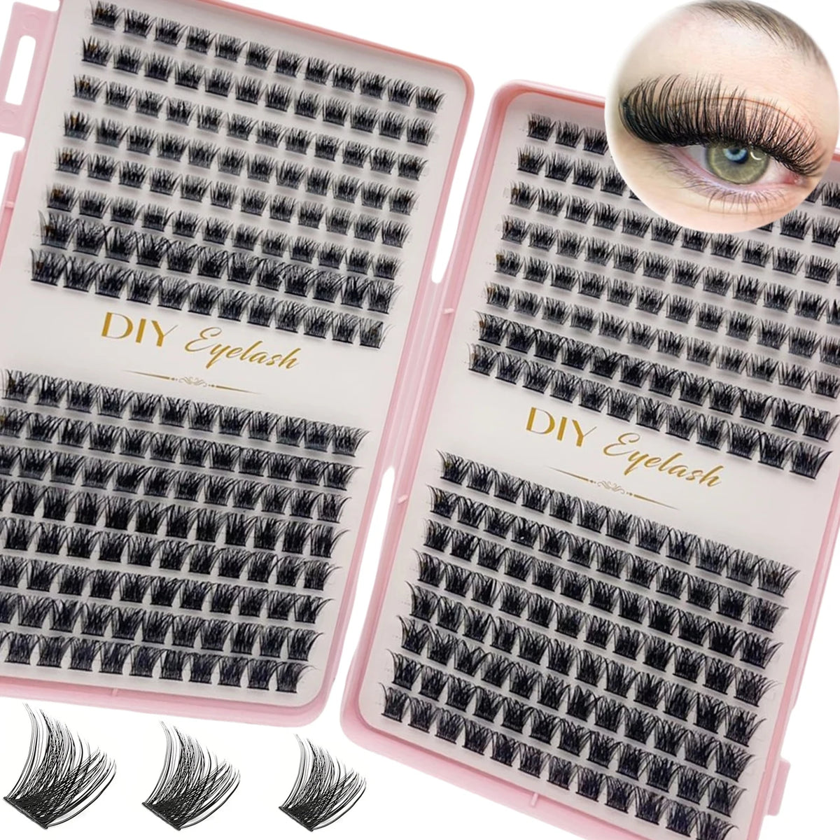 Boîte en plastique rose contenant un kit de faux cils DIY avec des extensions de cils en grappes individuelles et une photo i