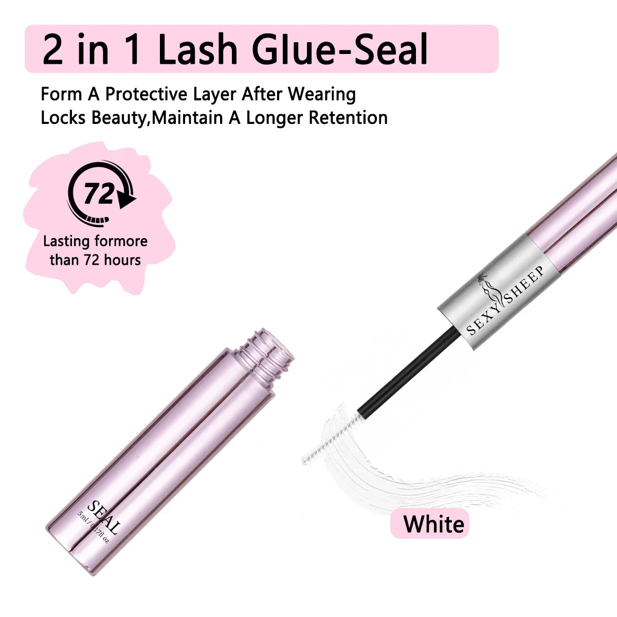 A pink lash glue-seal product shown with a applicator tip and white lashes.