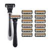 A set of ten orange and black 3-layer stainless steel manual razors for men.