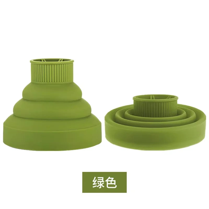 A stack of green silicone diffuser covers for hair dryers, showing different sizes and shapes.