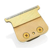 A gold-colored replacement blade for a trimmer, featuring a serrated edge and three small circular openings.