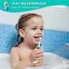 A young girl is using a unicorn-themed electric toothbrush in a bathtub or shower.