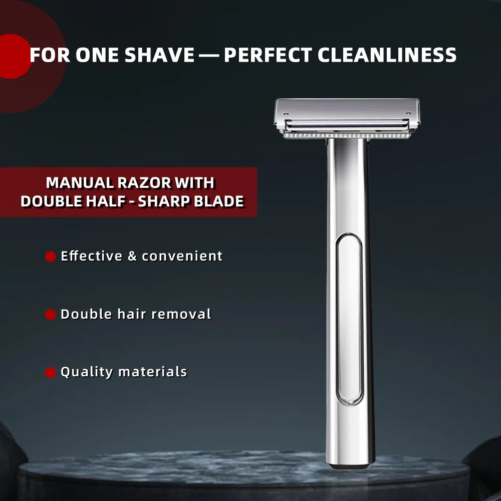 A silver manual razor with a double half sharp blade displayed on a dark surface.