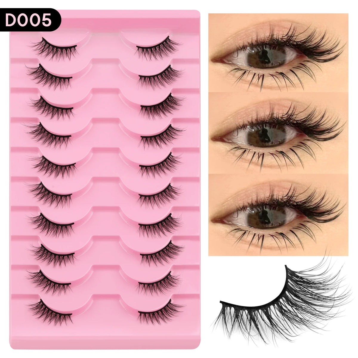 Plateau en plastique rose contenant des extensions de cils naturels et un échantillon de cils.