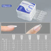 A clear plastic container holds a set of 100 matte finish false gel nail tips, with various lengths and shapes displayed belo