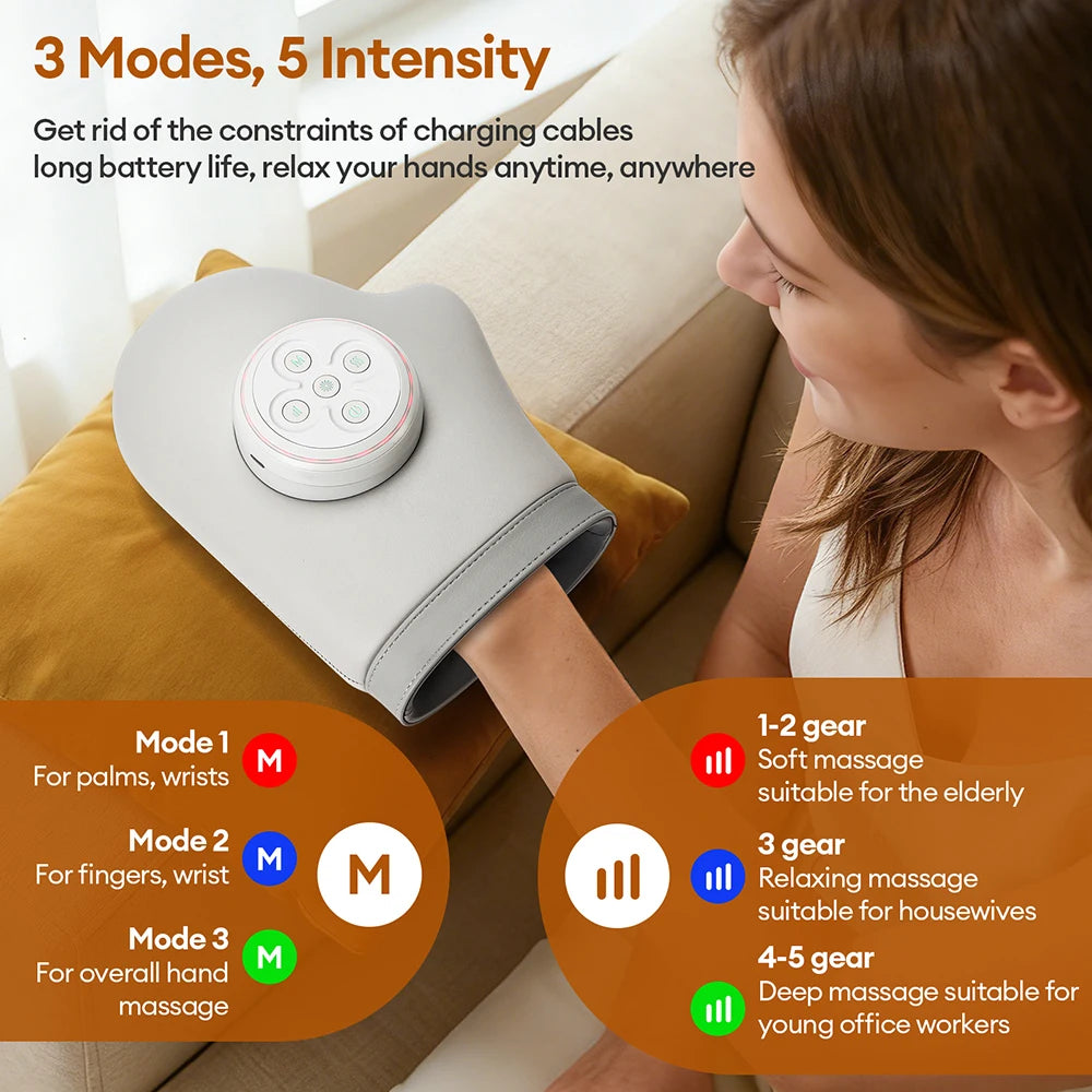 A white electric hand massager is shown being used on a person's hand, demonstrating its massage modes.