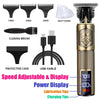 A professional cordless hair trimmer with various brush sizes, a dust cover, and charging tips displayed on the side.