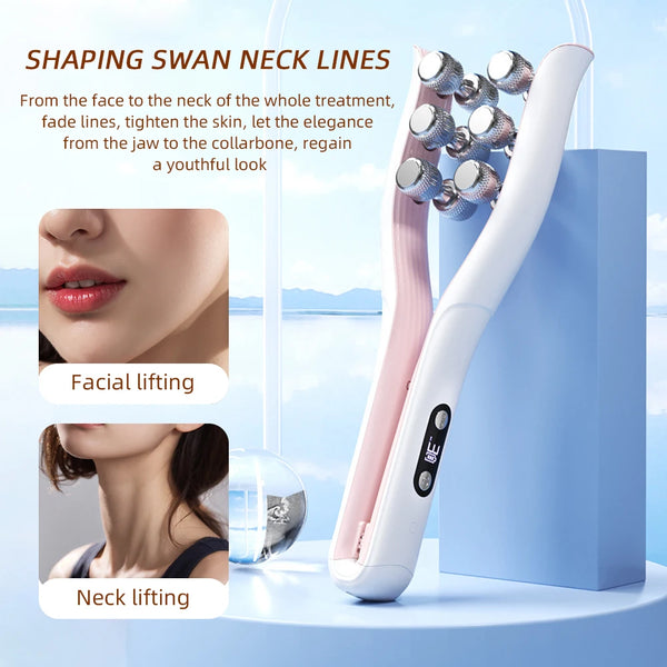 A white and pink EMS facial and neck slimming roller massager is shown next to a blue box, demonstrating facial and neck lift