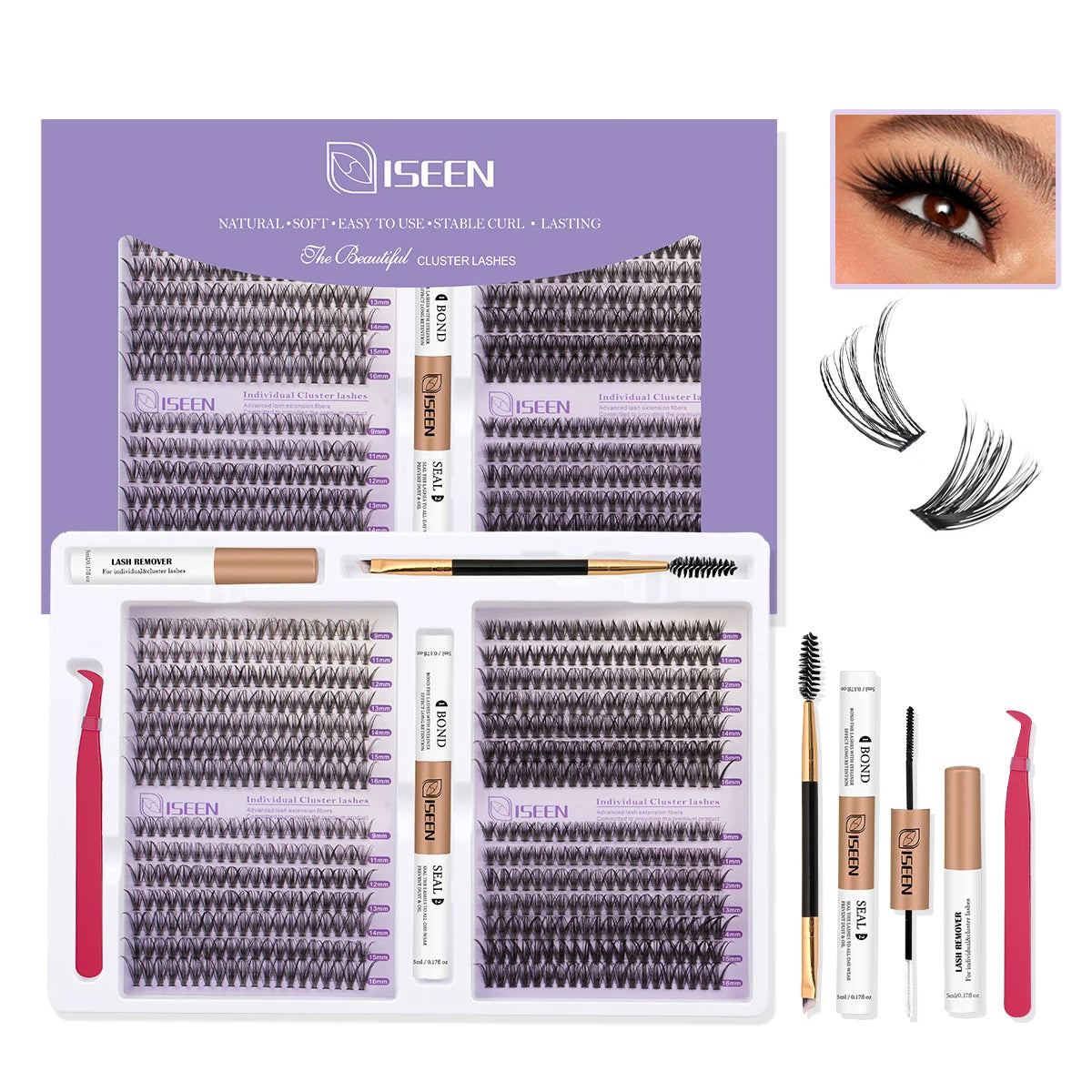 A kit for DIY soft volume eyelash cluster extensions including lash remover and tools.