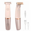 A pink portable electric hair shaver and epilator device shown with its components.