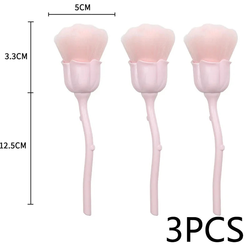 Three pink rose and flower nail art dust brush sets shown with dimension markers.