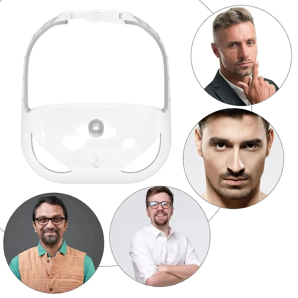 Kit de modelage de barbe blanche avec cinq gabarits montré à côté de trois hommes.