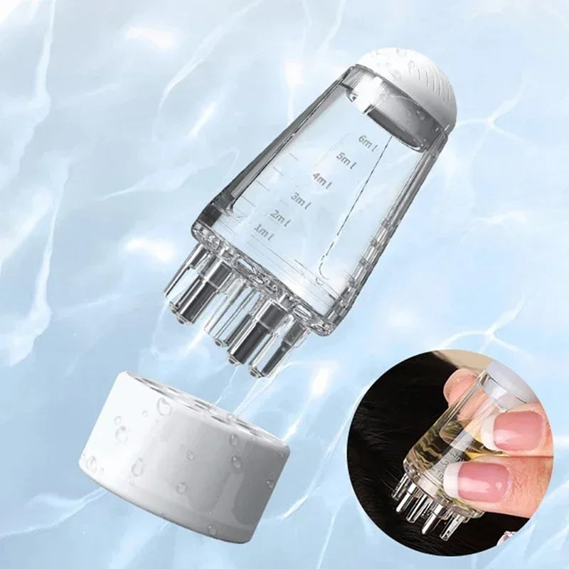 A clear precision scalp oil applicator bottle with a ball-tip massager is shown next to its white cap.