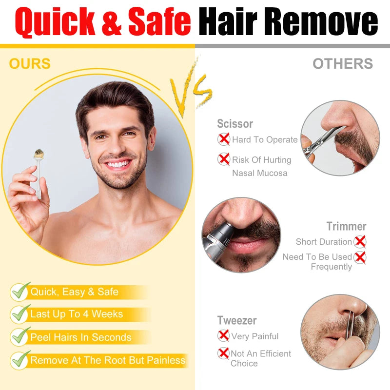 Comparison chart showing quick and safe hair removal methods like scissor, trimmer, and tweezers versus a product.