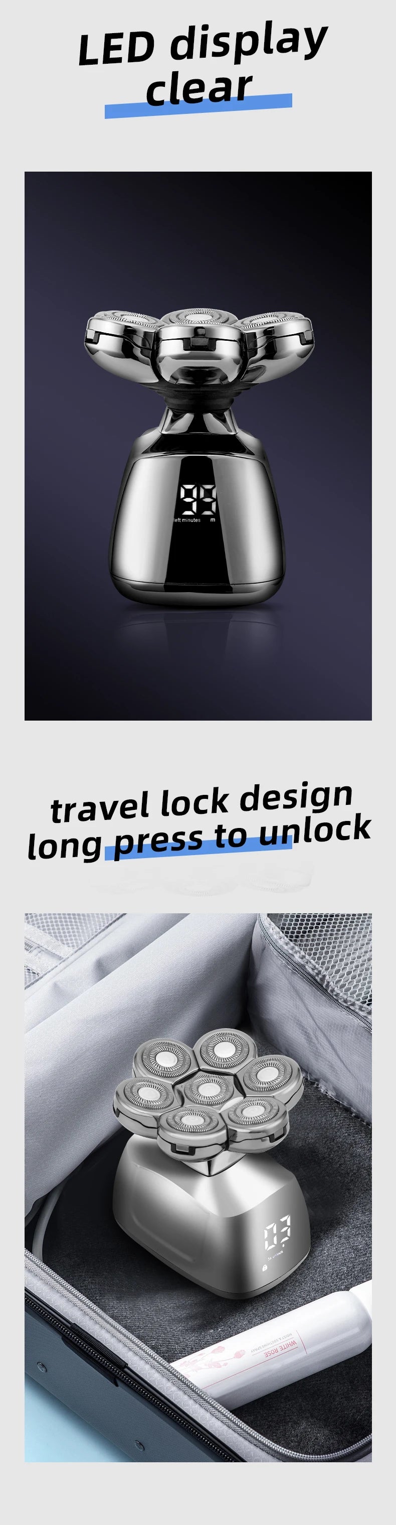 A silver electric shaver with a travel lock design is shown inside a zippered case.