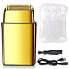 A gold and black professional rechargeable electric shaver with a clear protective cover and charging cable.
