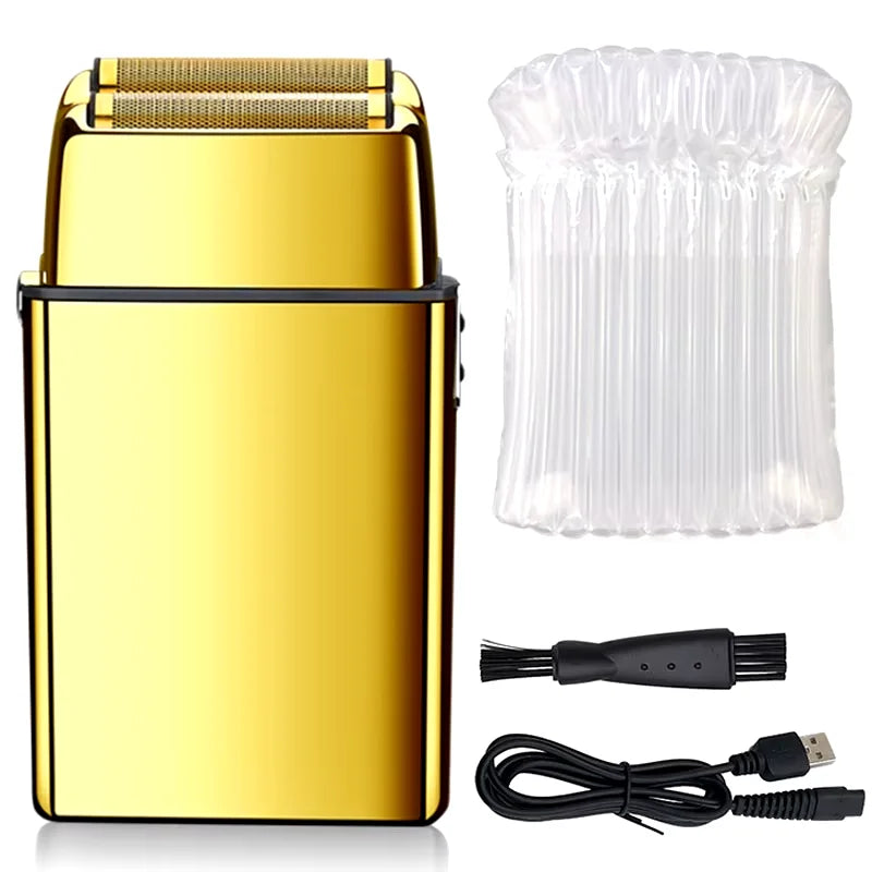 A gold and black professional rechargeable electric shaver with a clear protective cover and charging cable.