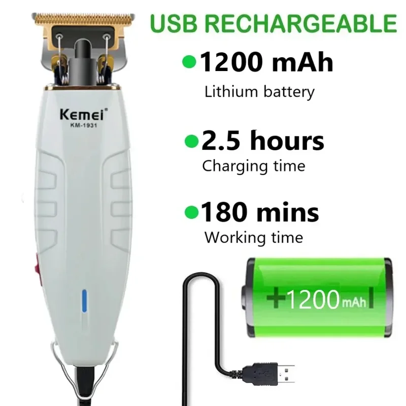 A white cordless hair clipper with a gold charging head and a green battery shown next to the device.