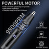 Close-up view of a black electric nose hair trimmer with a 9800PRM motor and various features.