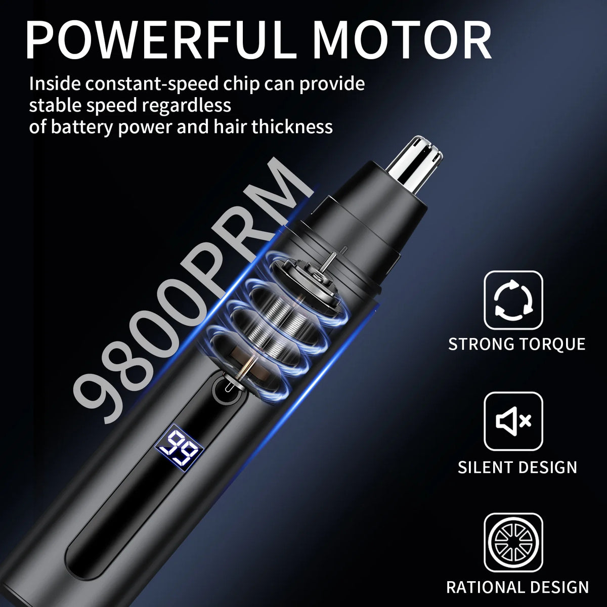 Close-up view of a black electric nose hair trimmer with a 9800PRM motor and various features.