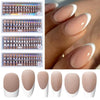 A collection of luxury nude pink ballet length false fingernails shown in various packaging and application styles.