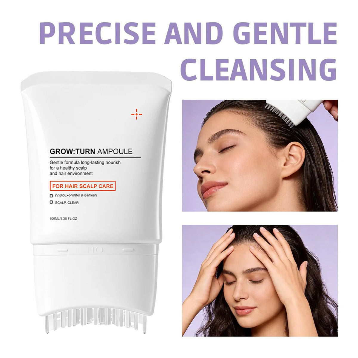 White ampoule bottle for precise and gentle cleansing with a built-in massaging brush.