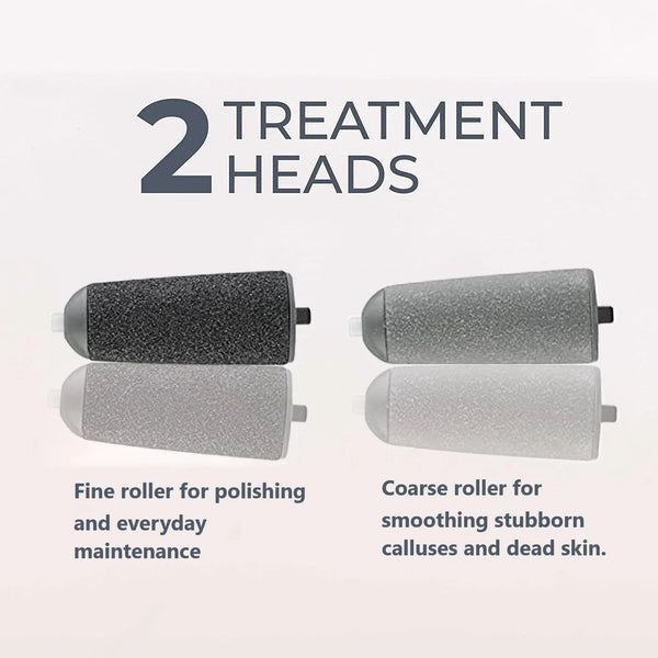 Dos cabezales de tratamiento para un exfoliador eléctrico de pies profesional, incluyendo un rodillo fino y uno grueso.