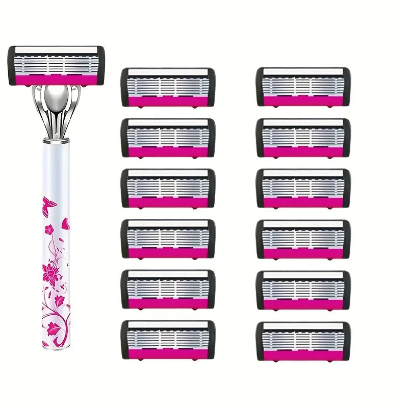 A set of pink and black multi-layer body hair removal razors with stainless steel handles.