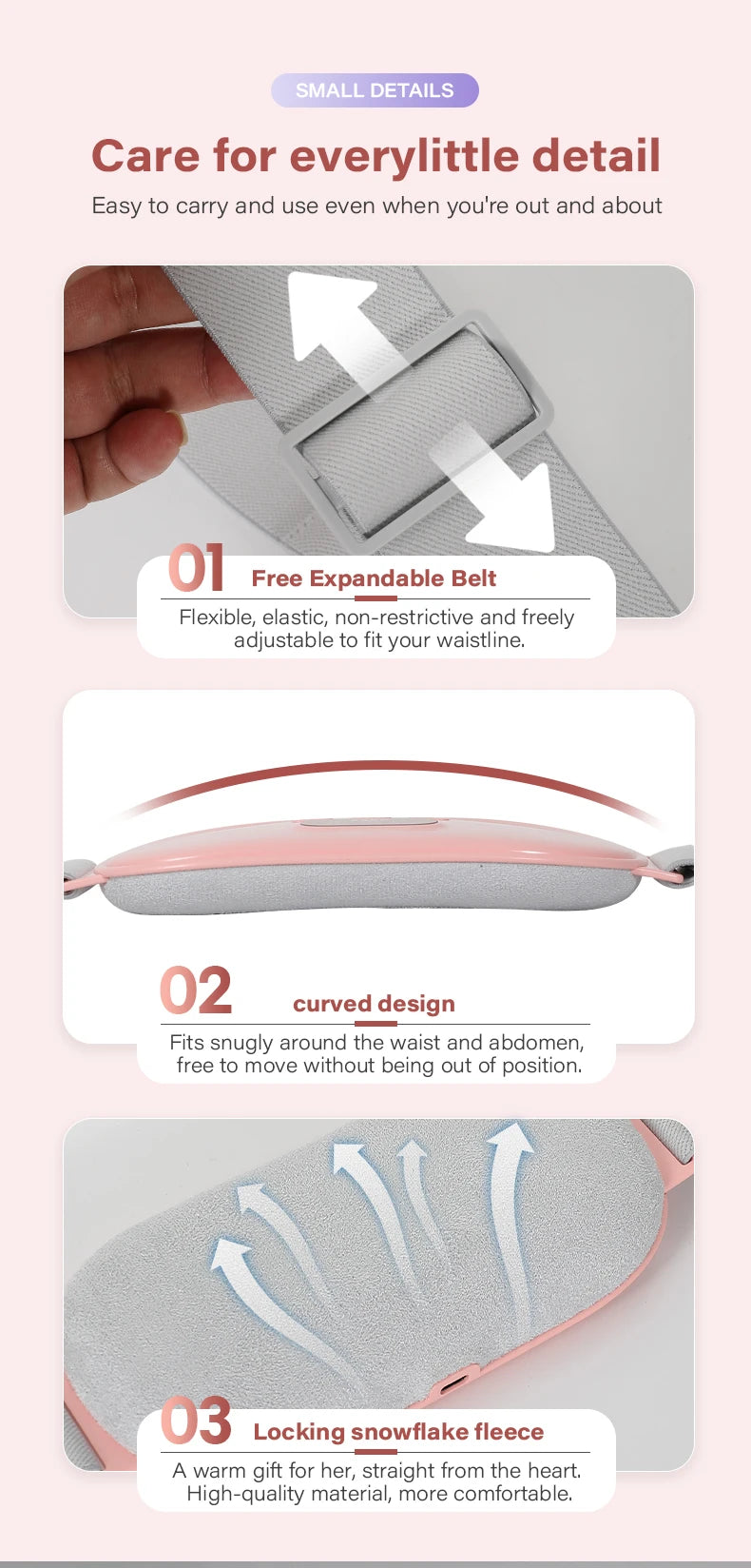 A close-up view of a light pink heated abdominal massage belt with a gray fabric, showing its flexible design and curved shap