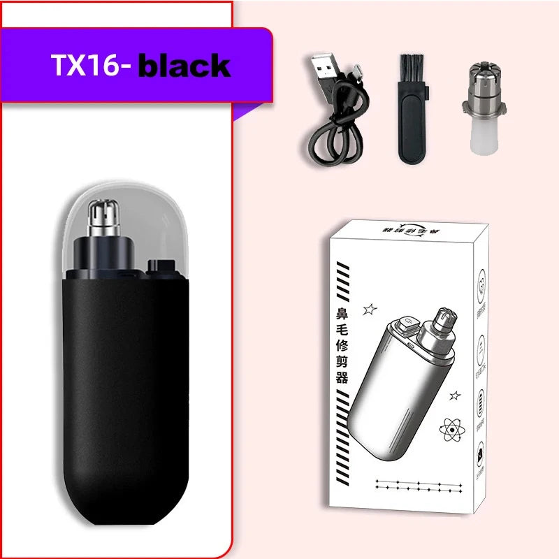 Black precision nose hair trimmer with various attachments shown next to its packaging box